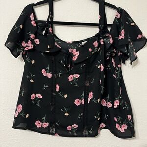H&M Divided Black Floral Tie Strap Size 6 Cottagecore Boho Flutter Sleeve Top